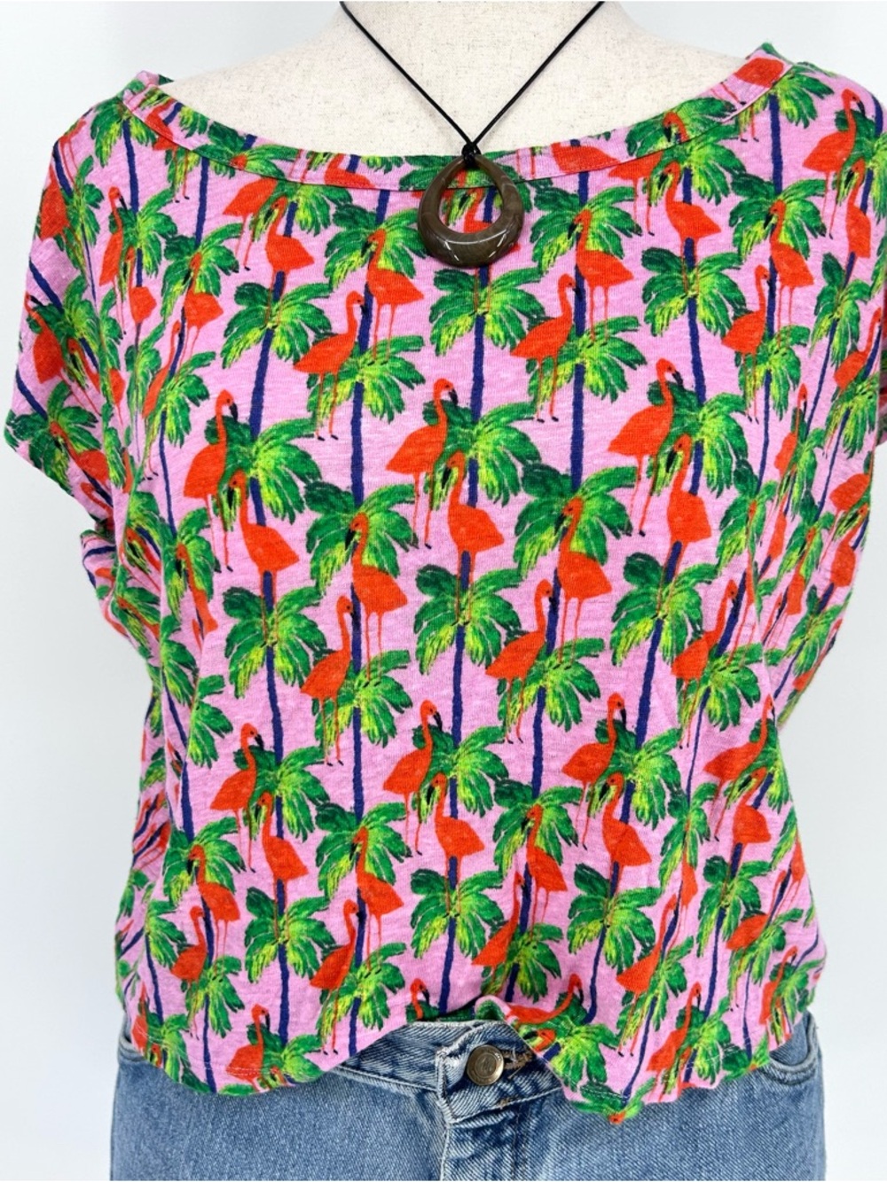 Pink Flamingo Palm Tree Linen Top Tropical Vacation Beachy Y2K Summer Tee